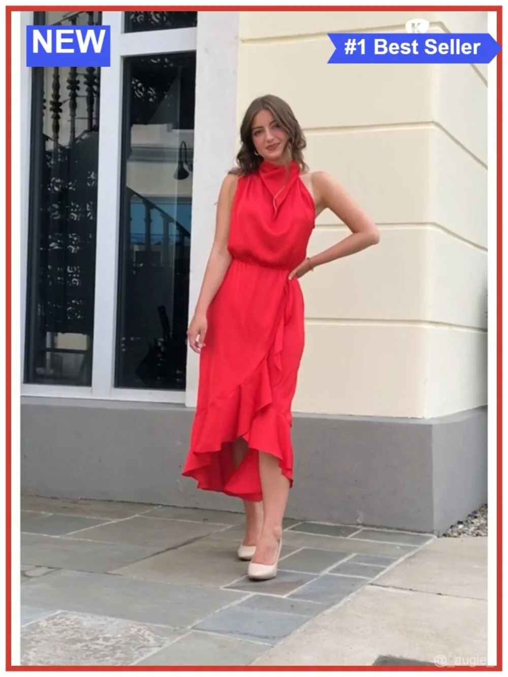 Women's Satin Mock Neck Wrap Midi Dress with Ruffles & Elastic Waist